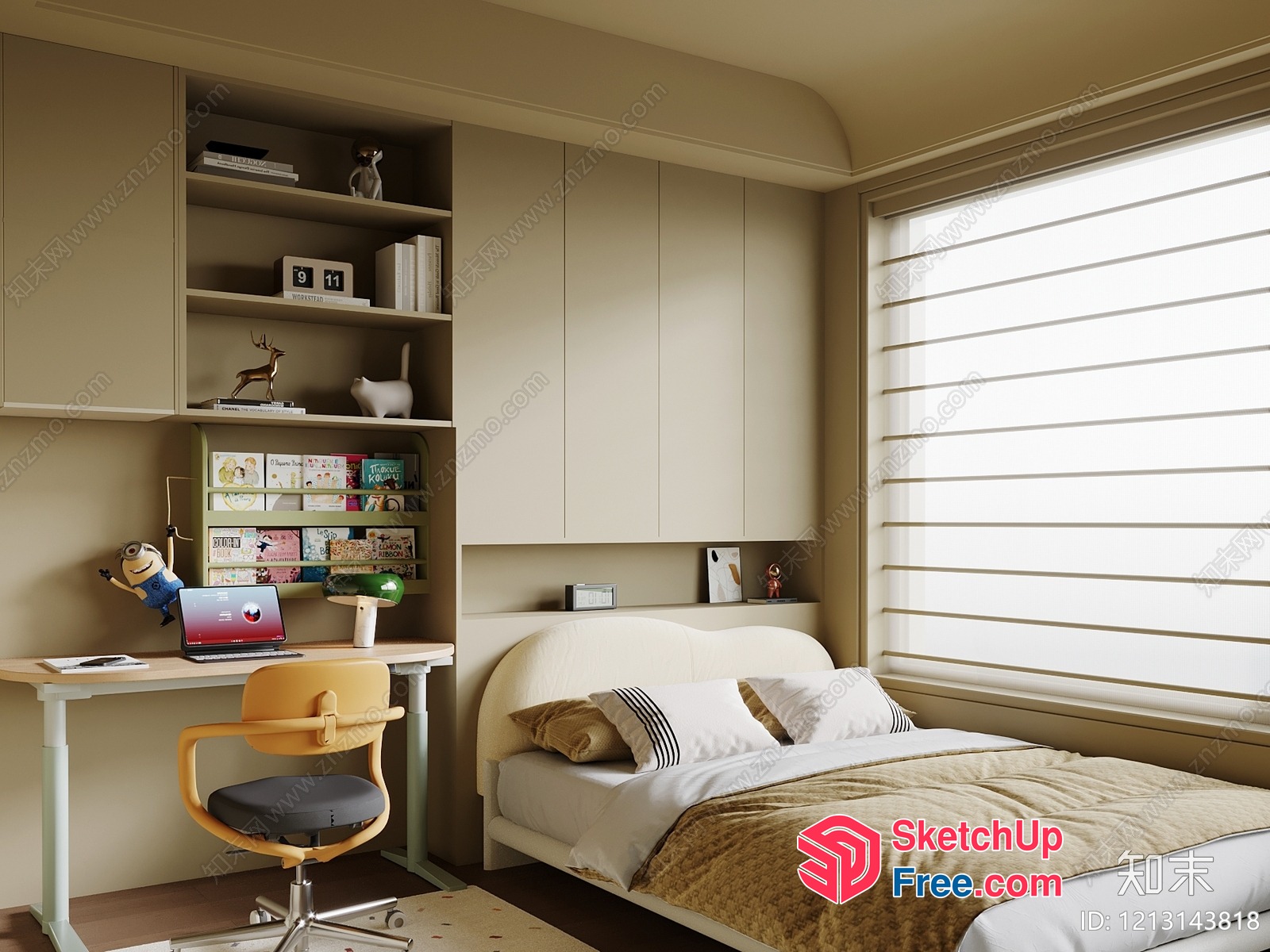 Minimalist Creamy Style Bedroom Interior 3D SketchUp File