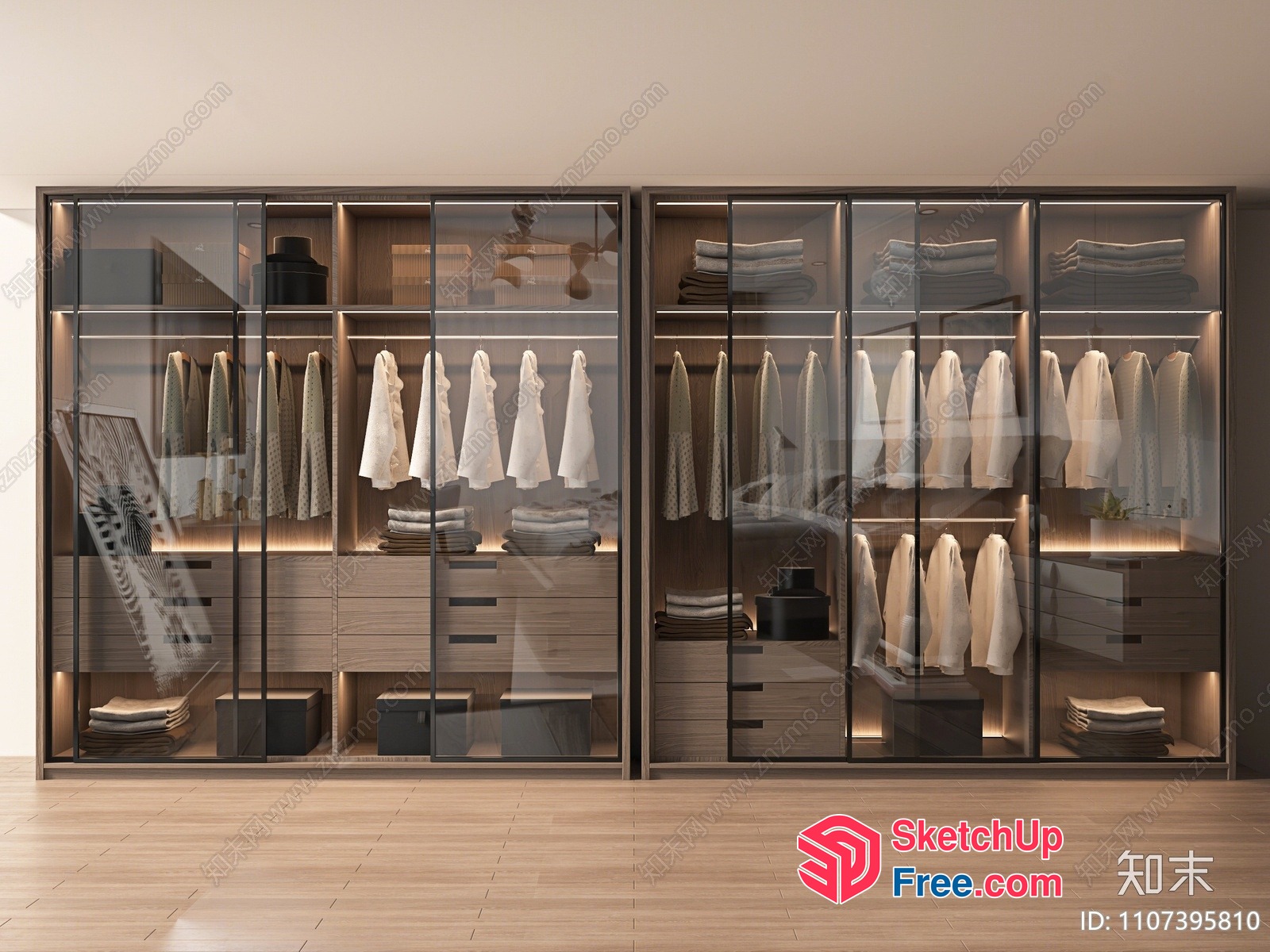 Glass And Wood Wardrobes With Lighting 3D SketchUp File