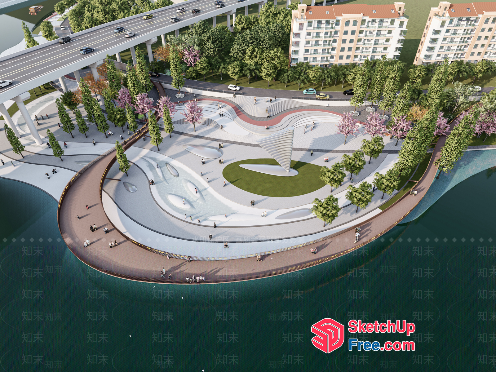 Modern Urban Park With Unique Architecture And Water Features 3D SketchUp File