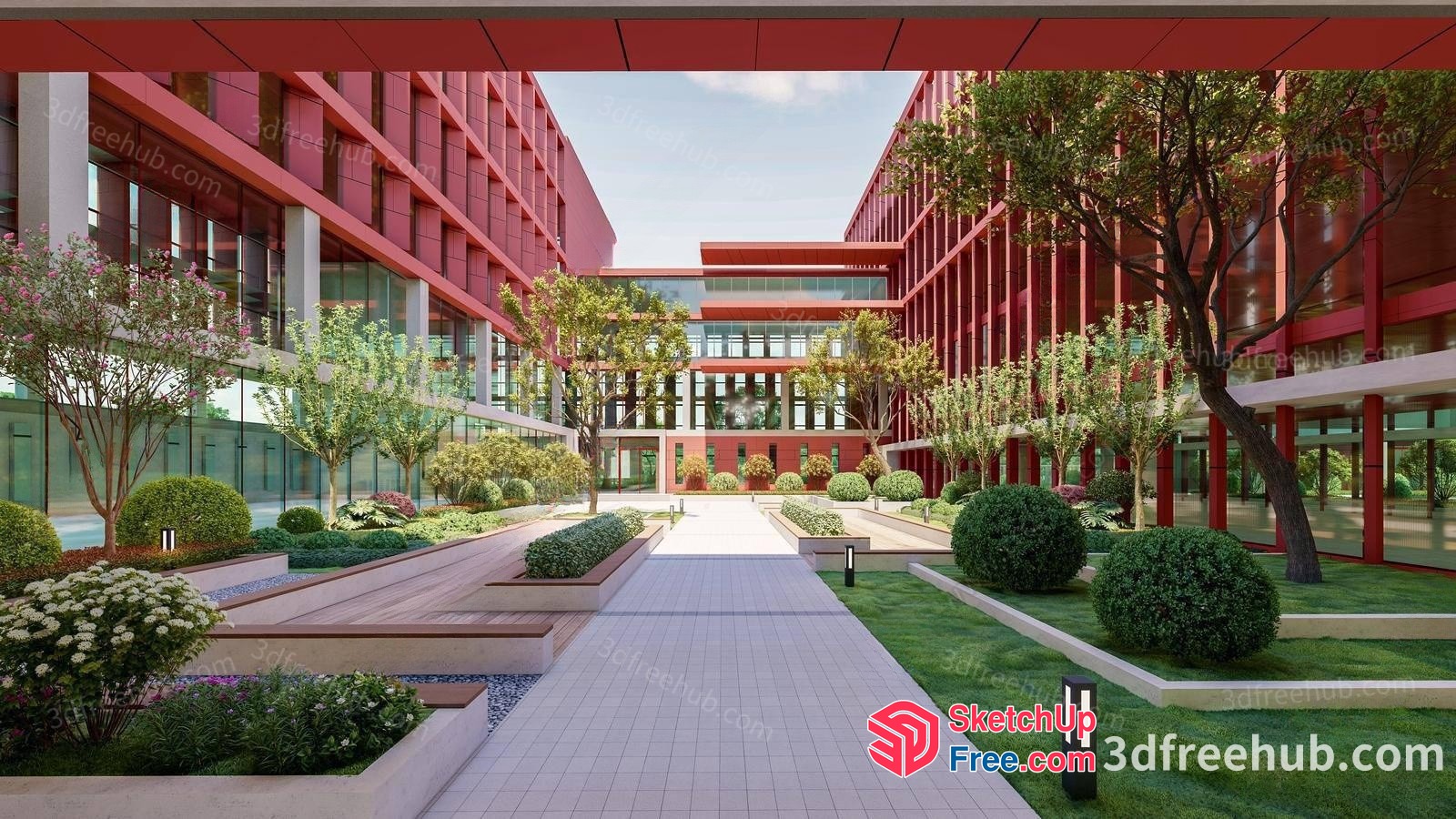 Modern Office Building With Elegant Courtyard And Glass Facade 3D SketchUp File