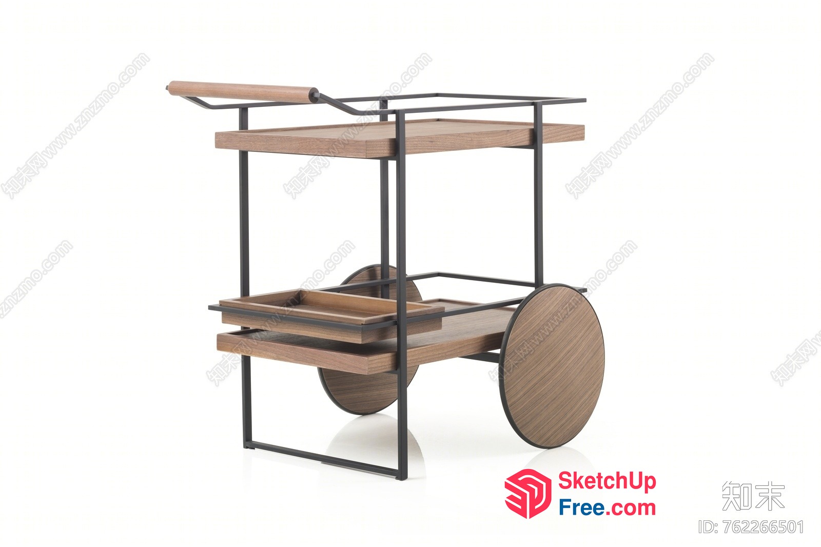 Modern Two-Tiered Wooden Cart With Black Metal Frame And Wheels 3D SketchUp File