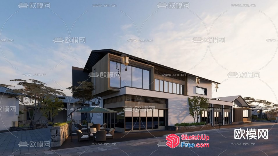 Modern Exterior Building With Patio And Glass Curtain Wall 3D SketchUp File