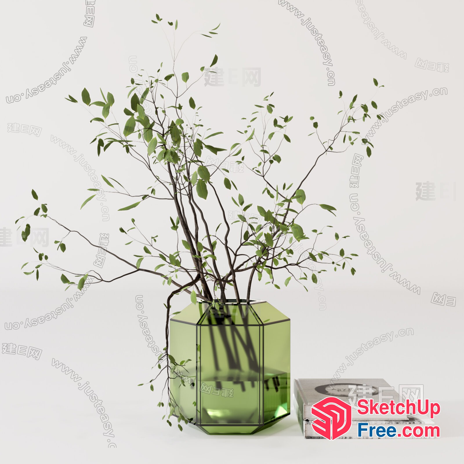 Green Glass Vase With Branches And Leaves 3D SketchUp File