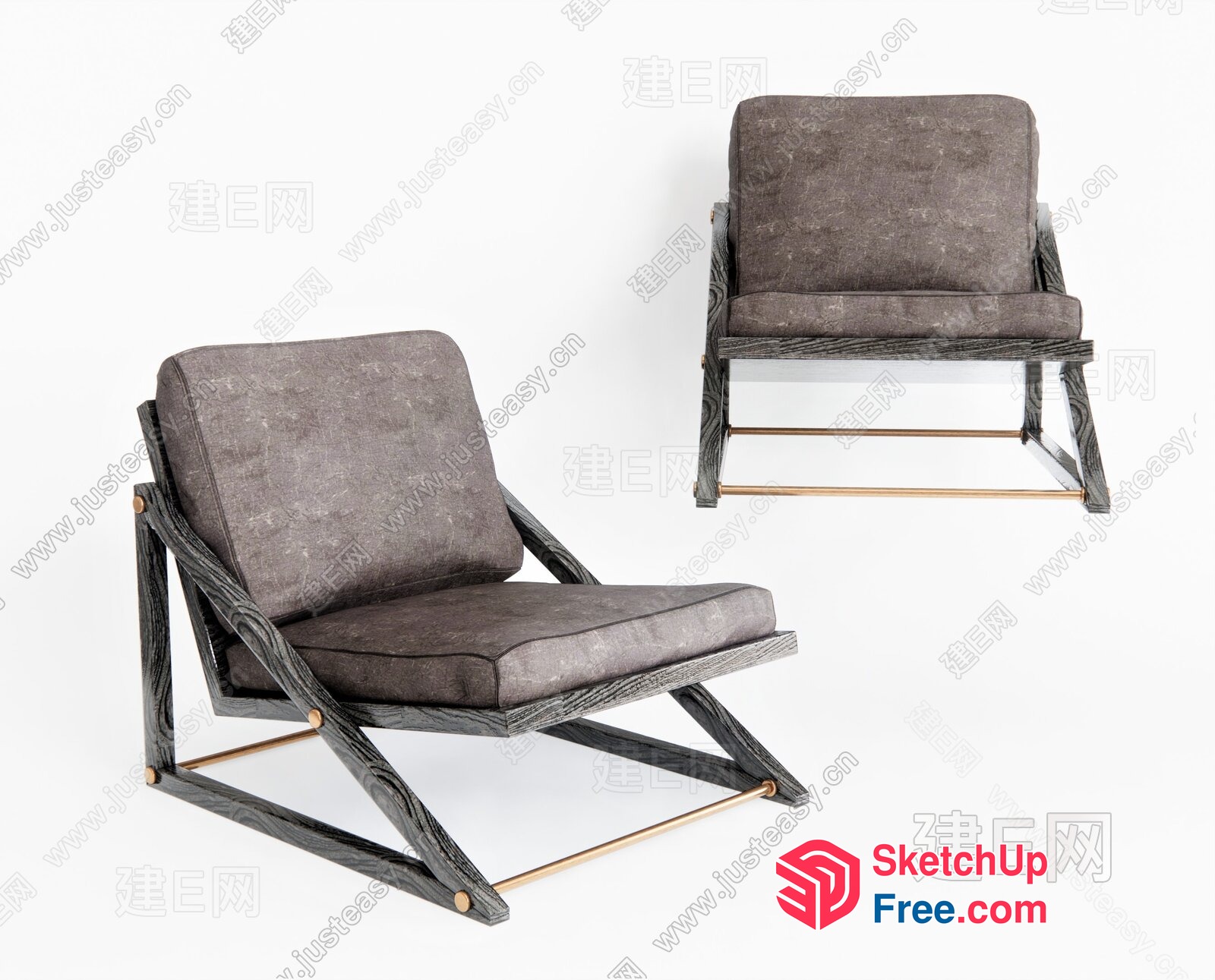 Modern Wooden Accent Chair With Grey Cushions 3D SketchUp File
