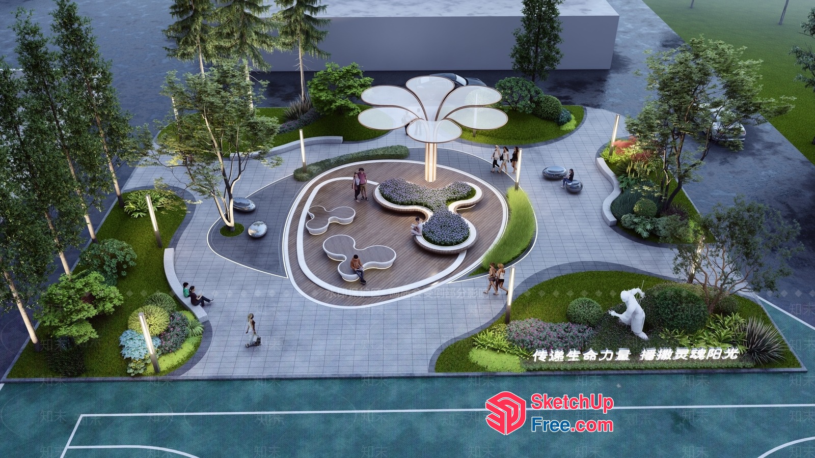 Modern Outdoor Park With Unique Decorations And Seating Areas 3D SketchUp File