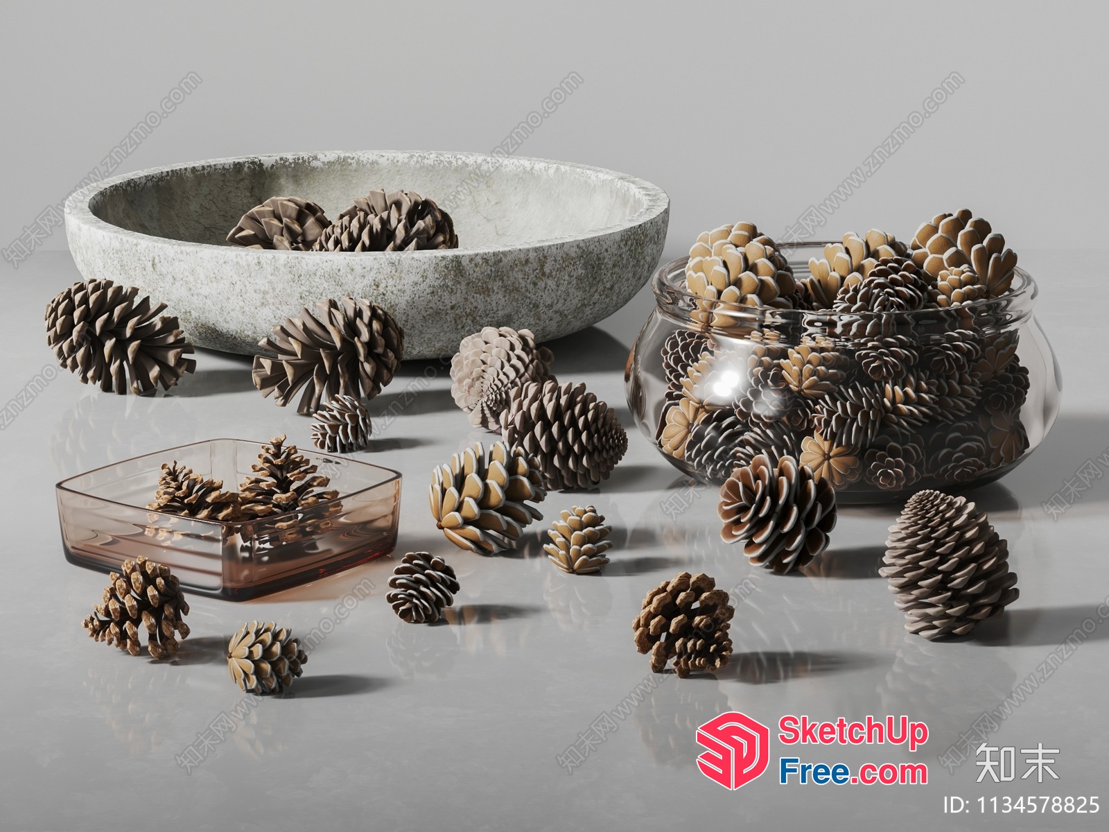 Pinecones In Glass And Stone Containers 3D SketchUp File
