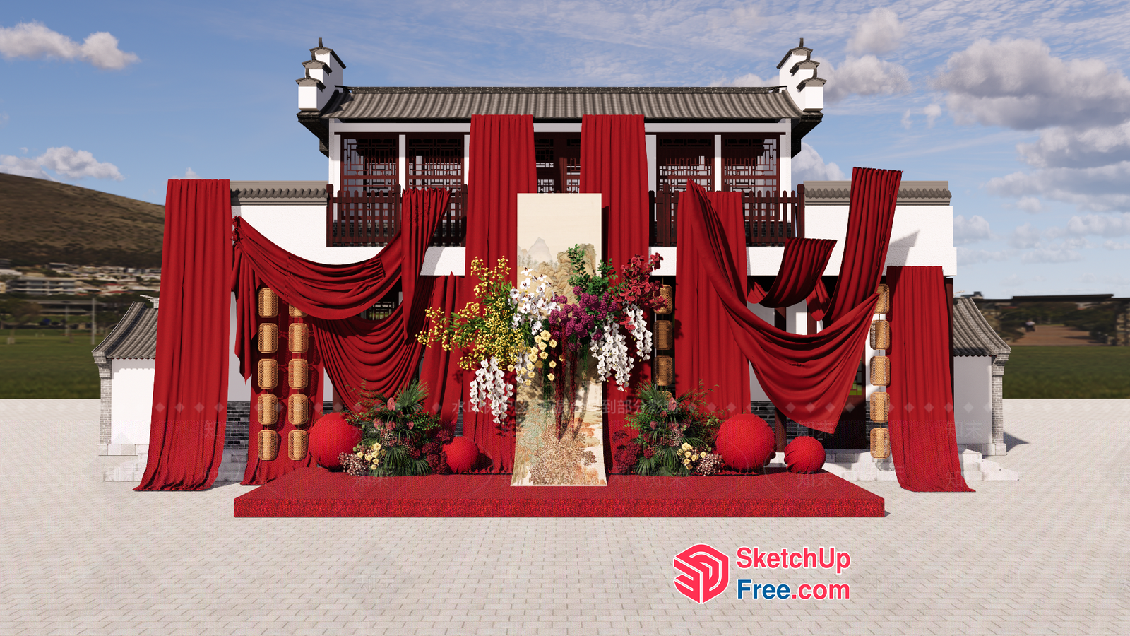 Elegant Chinese-Style Building With Ornate Red Decorations 3D SketchUp File