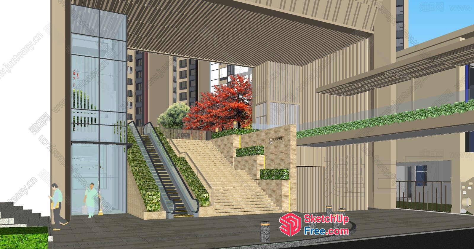 Modern Staircase With Glass Curtain Wall And Greenery 3D SketchUp File
