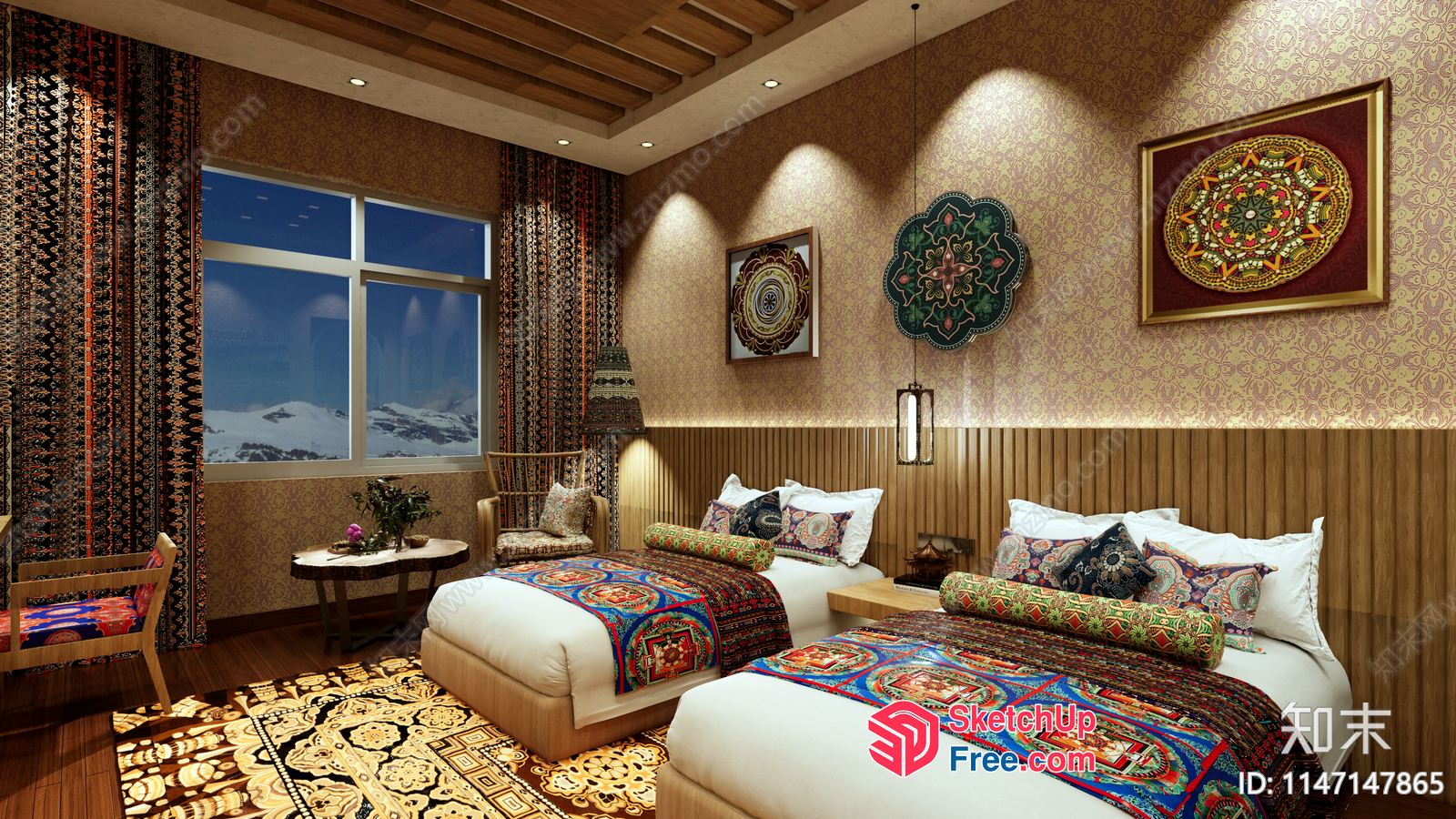 Elegant And Cozy Tibetan Style Bedroom 3D SketchUp File