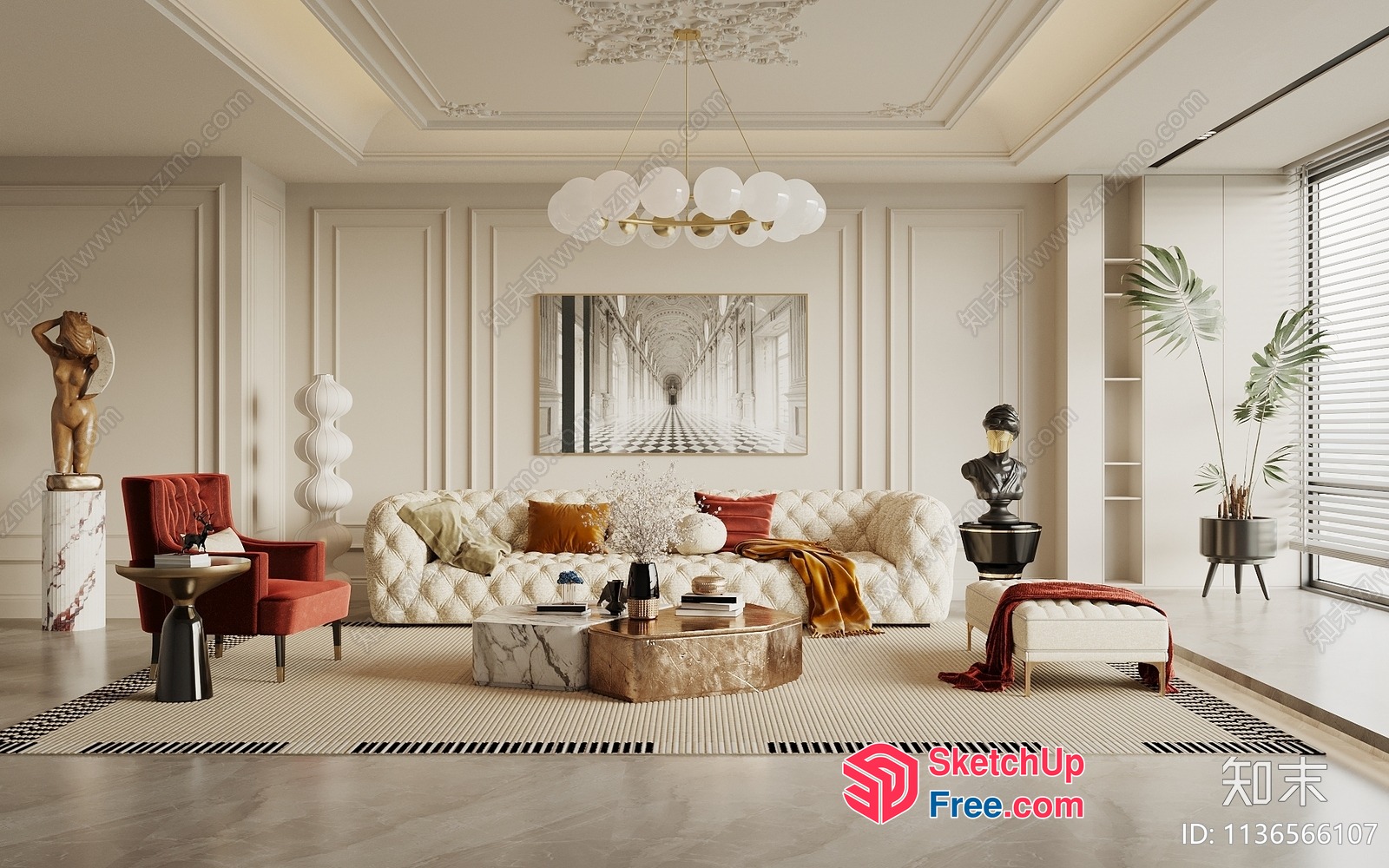 Elegant Modern Living Room With Creamy Style And Marble Accents 3D SketchUp File
