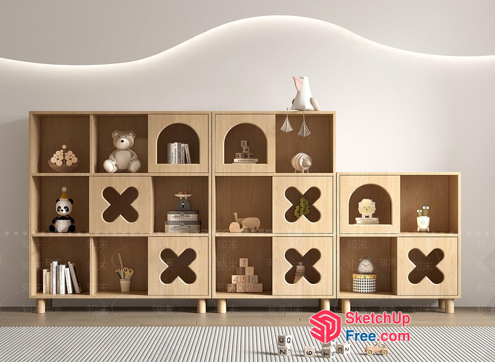 Modern Light Wood Bookcase With Decorative Cutouts 3D SketchUp File