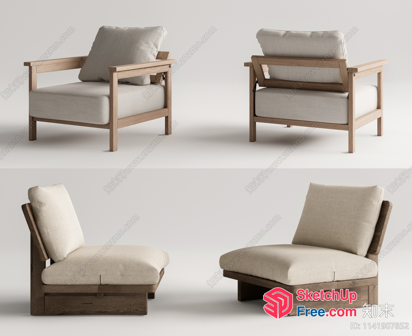 Modern Japanese-Style Armchair With Natural Wood Frame 3D SketchUp File