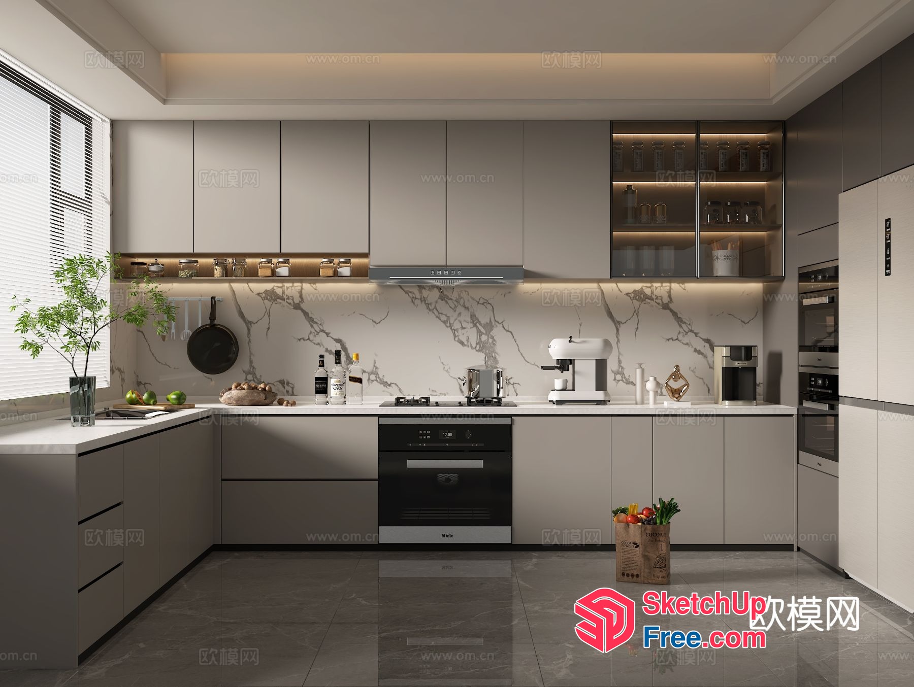 Modern Kitchen With White And Gray Cabinets And Marble Backsplash 3D SketchUp File