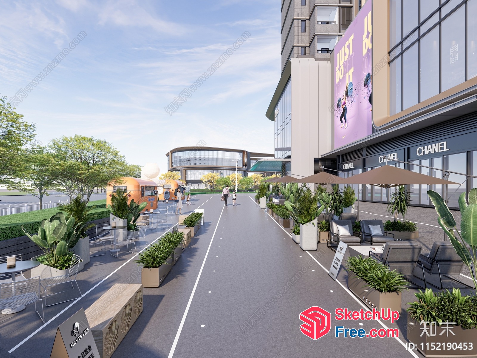 Commercial Street With Outdoor Seating And Greenery 3D SketchUp File