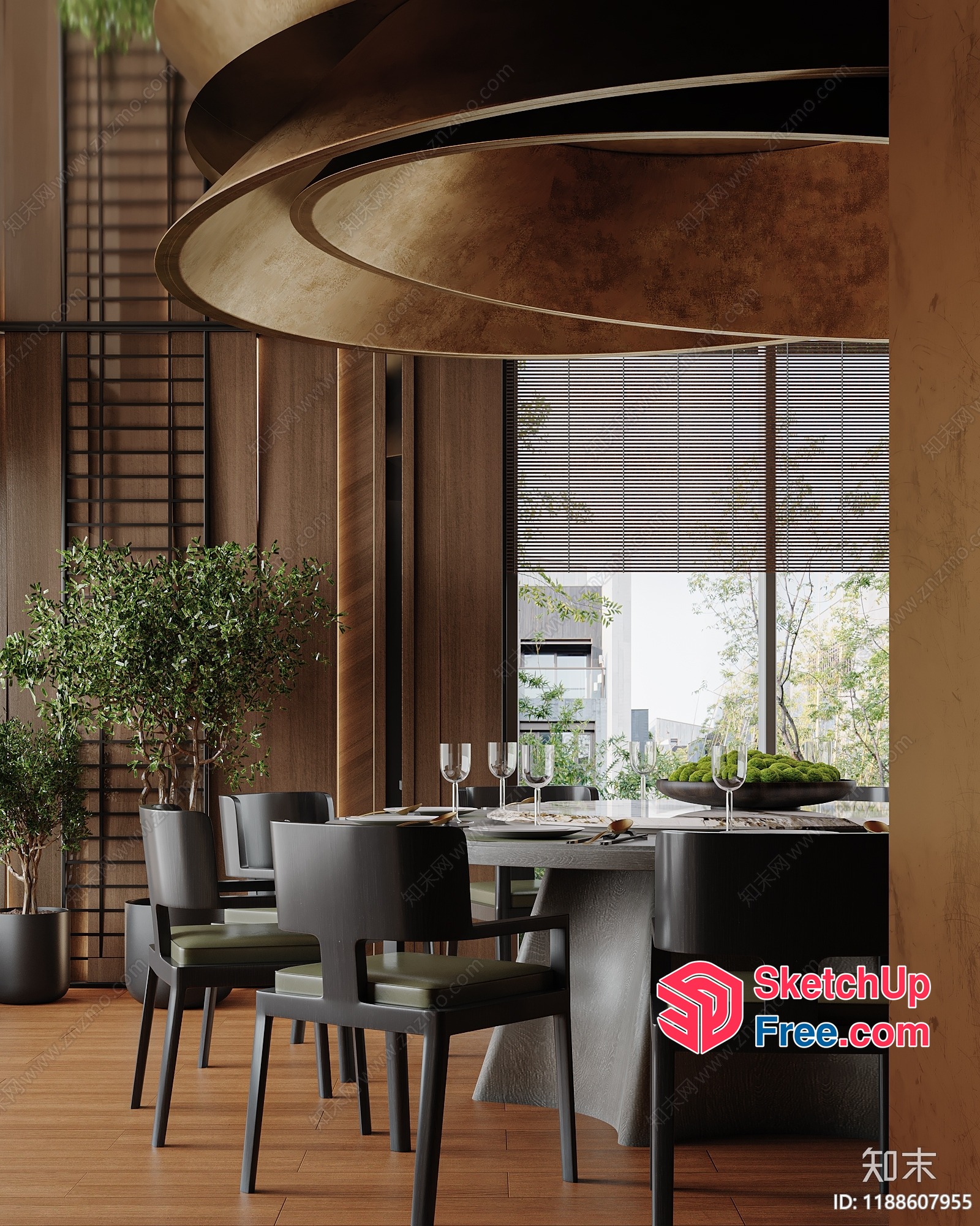 Modern Dining Room With Spiral Ceiling And Large Windows 3D SketchUp File