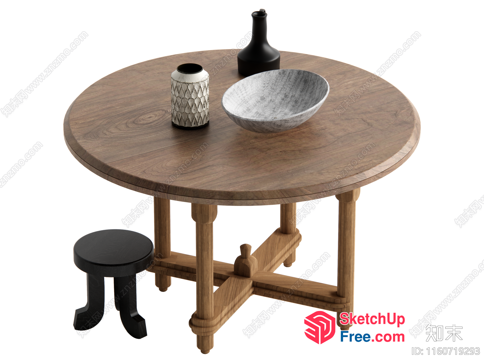 Round Wooden Table With Vase And Bowl 3D SketchUp File