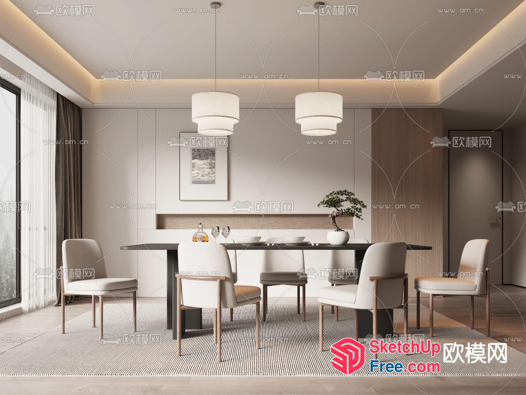 Modern Dining Room With White Chairs And Pendant Lights 3D SketchUp File