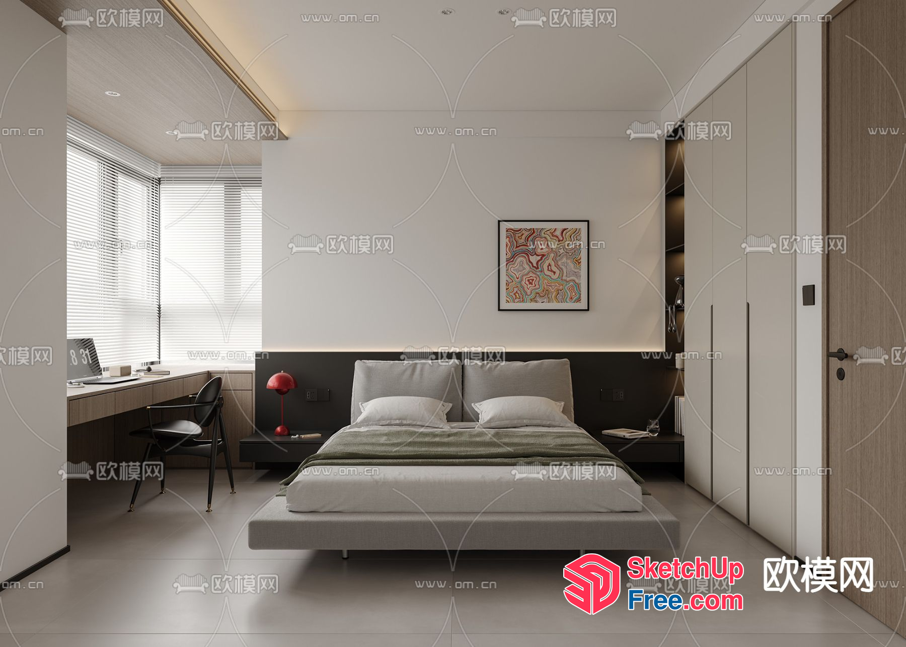 Modern Minimalist Bedroom With White Bed And Nightstands 3D SketchUp File