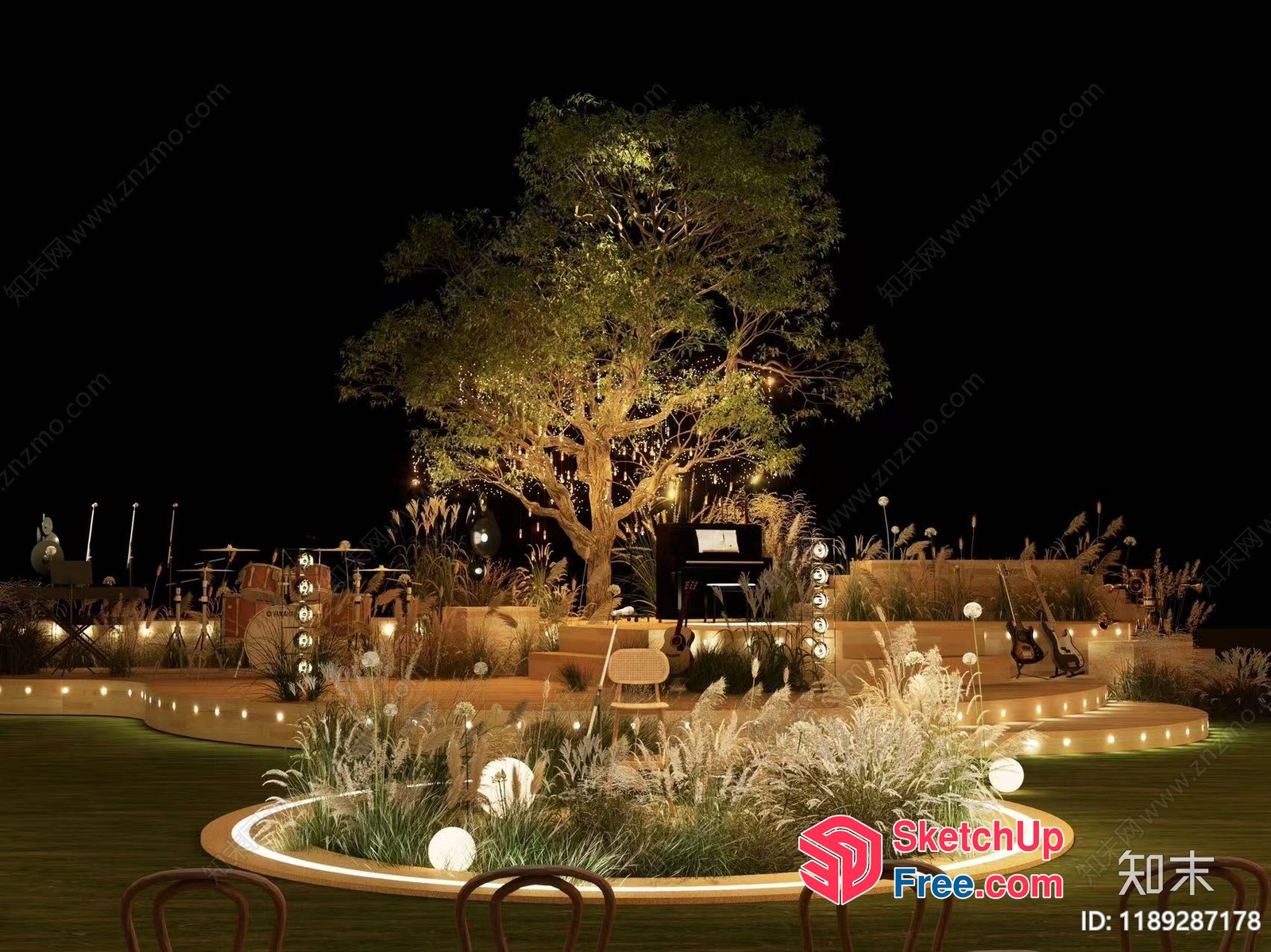 Outdoor Stage With Tree And Seating 3D SketchUp File