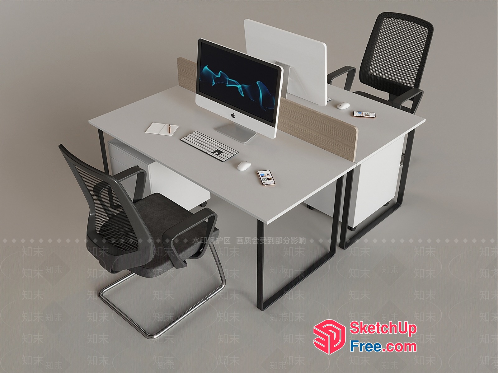 Modern Office Space With Two Desks And Computer Monitors 3D SketchUp File