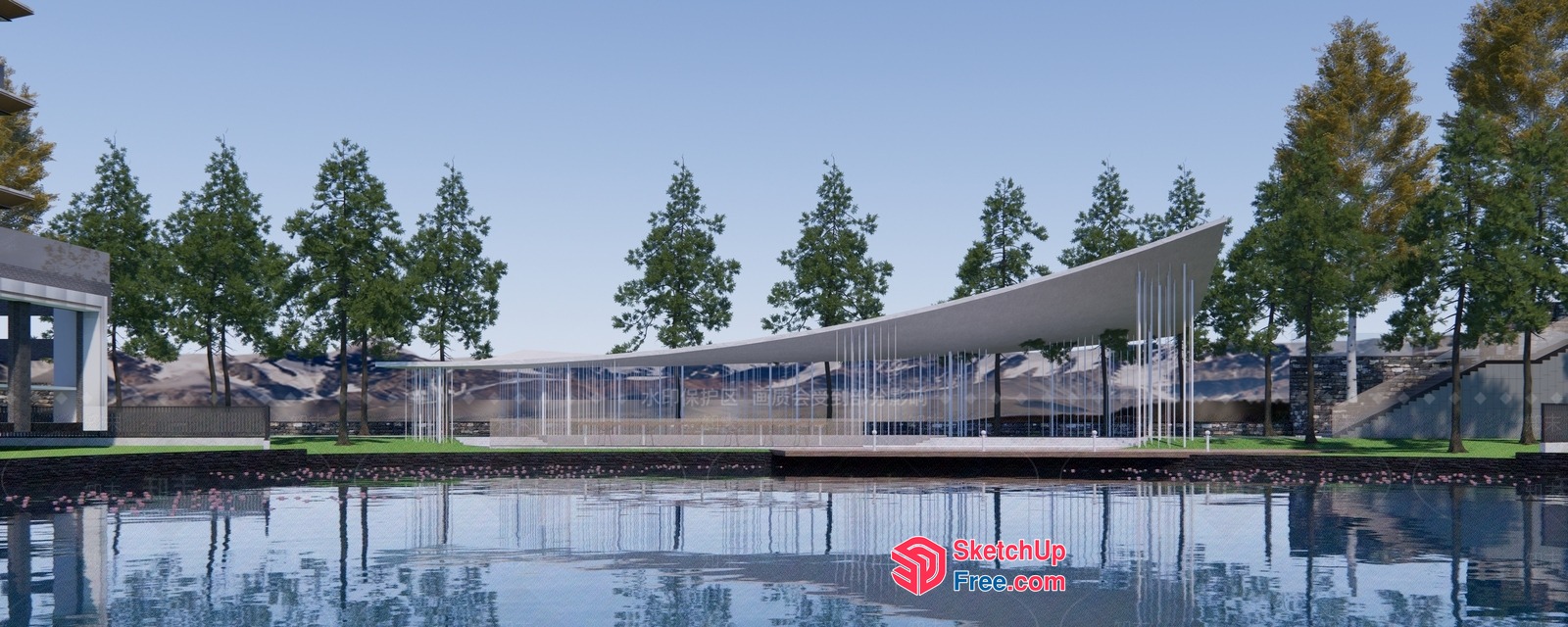 Modern Glass Building With Unique Roof Design 3D SketchUp File