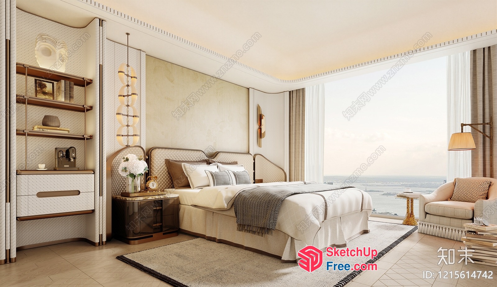 Elegant Creamy Style Bedroom With Panoramic Ocean View 3D SketchUp File