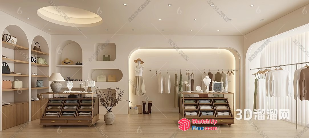 Elegant Creamy Style Clothing Store Interior 3D SketchUp File