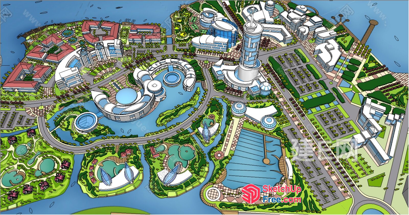 Futuristic Cityscape With Modern Buildings And Waterways 3D SketchUp File