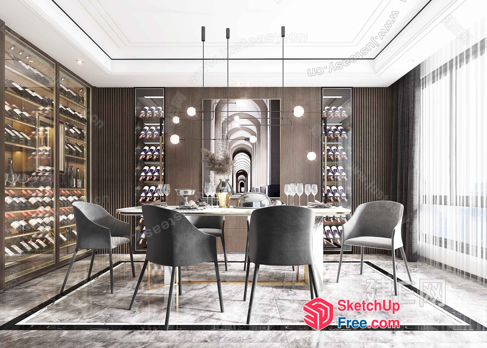 Luxurious Modern Dining Room With Wine Cellar And Elegant Lighting 3D SketchUp File
