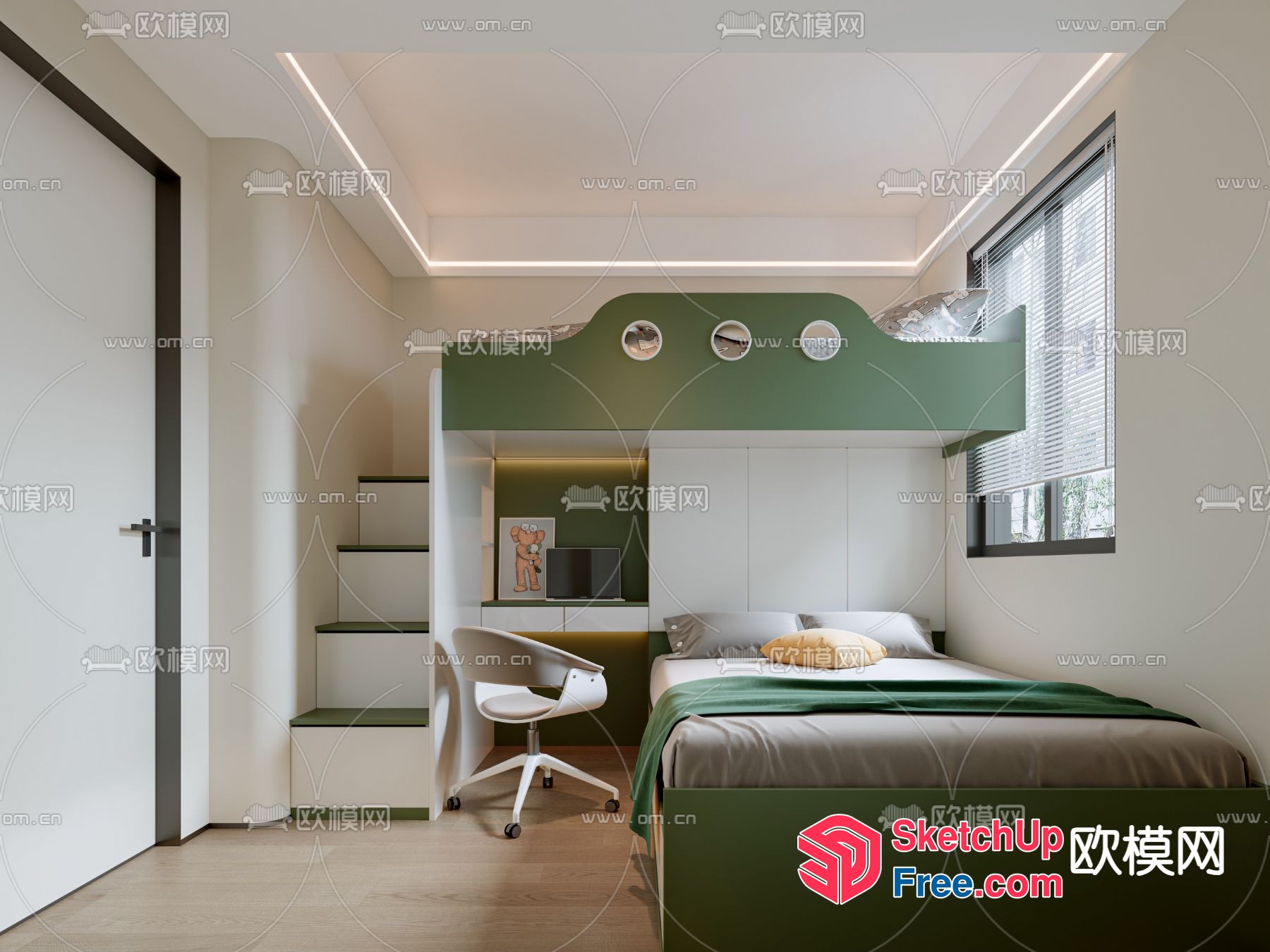 Modern Minimalist Bedroom With Green And White Accents 3D SketchUp File