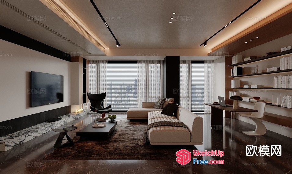 Modern Minimalist Living Room With White Sofa And Brown Rug 3D SketchUp File