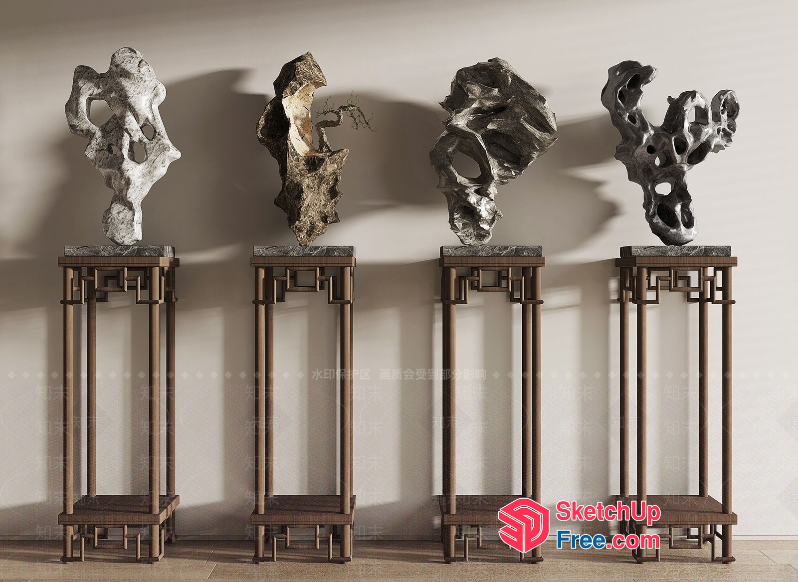 Elegant Modern Minimalist Chinese Style Stone Sculptures 3D SketchUp File