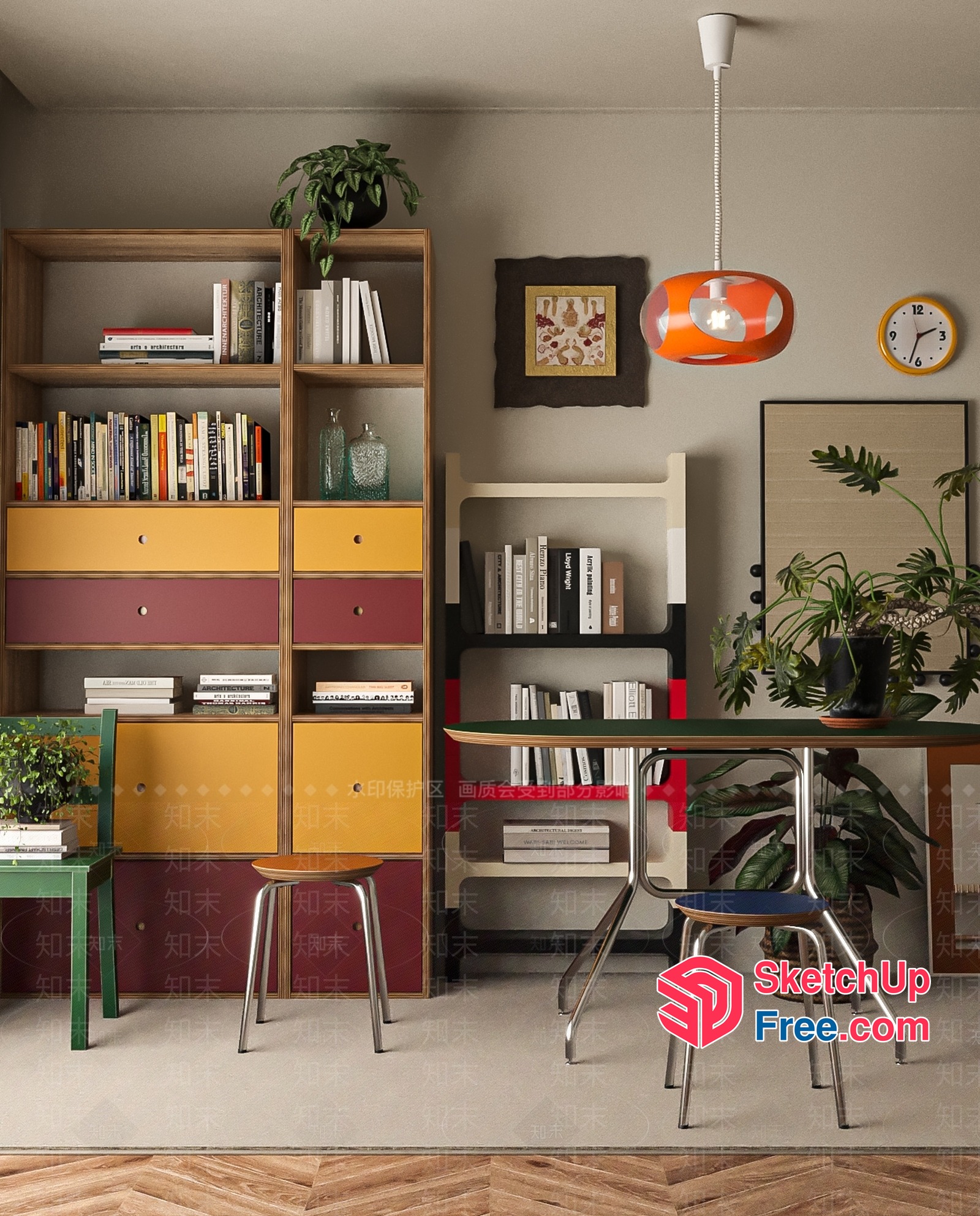 Modern Bookcase And Dining Table Set 3D SketchUp File