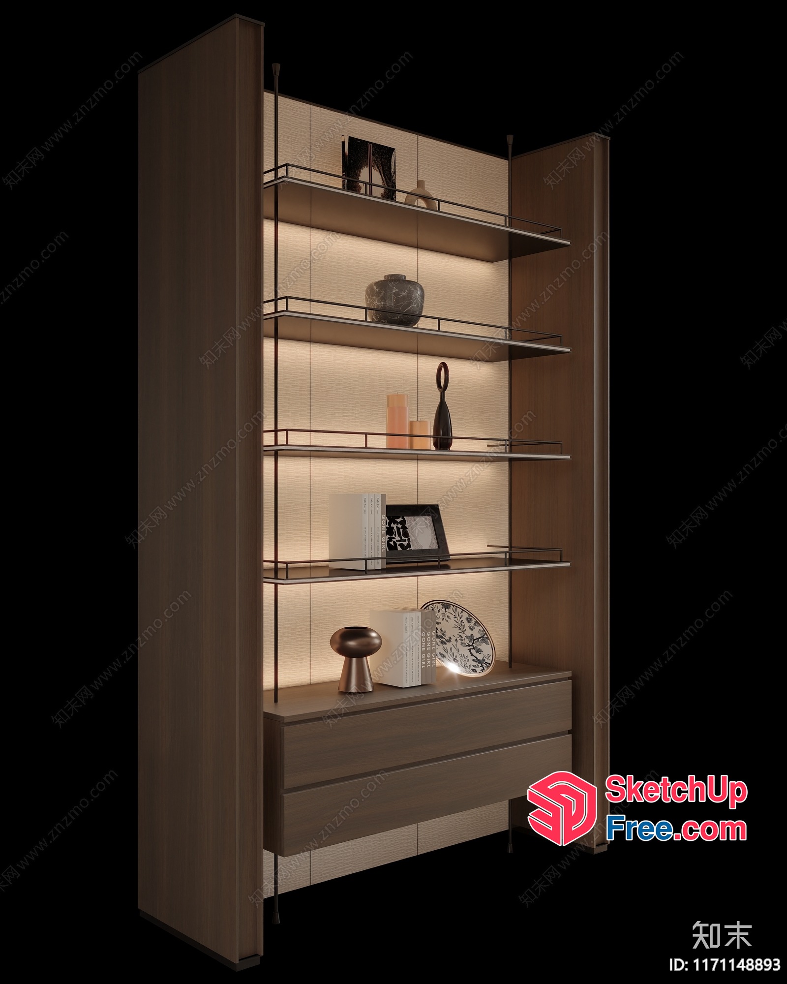Modern Wooden Shelving Unit With Ambient Lighting 3D SketchUp File