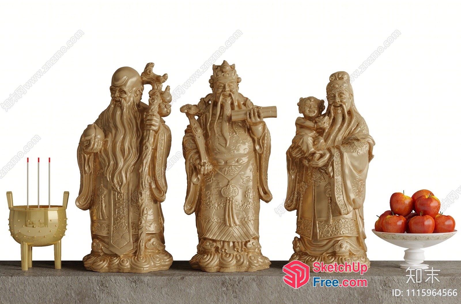 Three Statues With Incense Burner And Fruit 3D SketchUp File