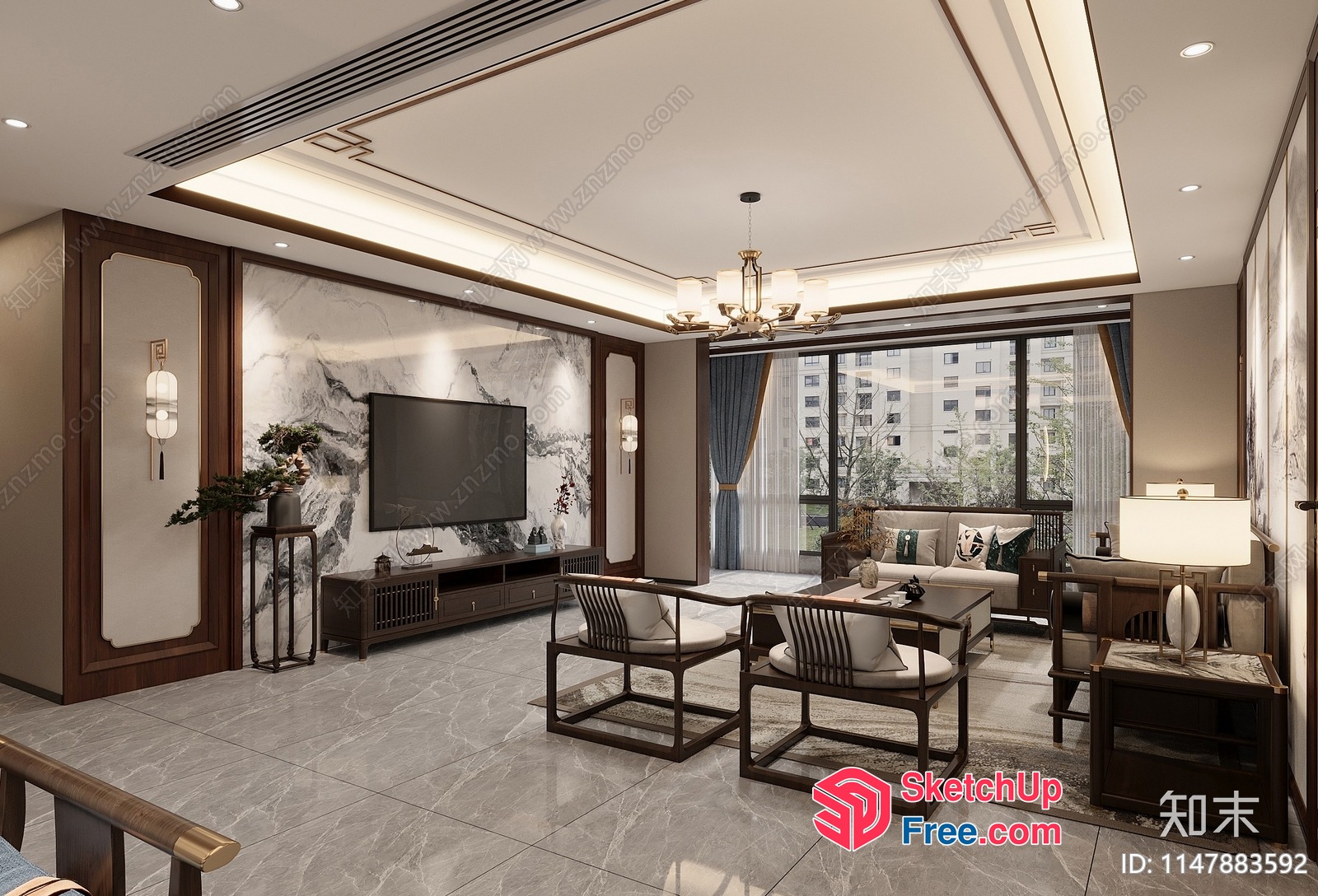 Modern Asian-Inspired Living Room With Marble Accents 3D SketchUp File