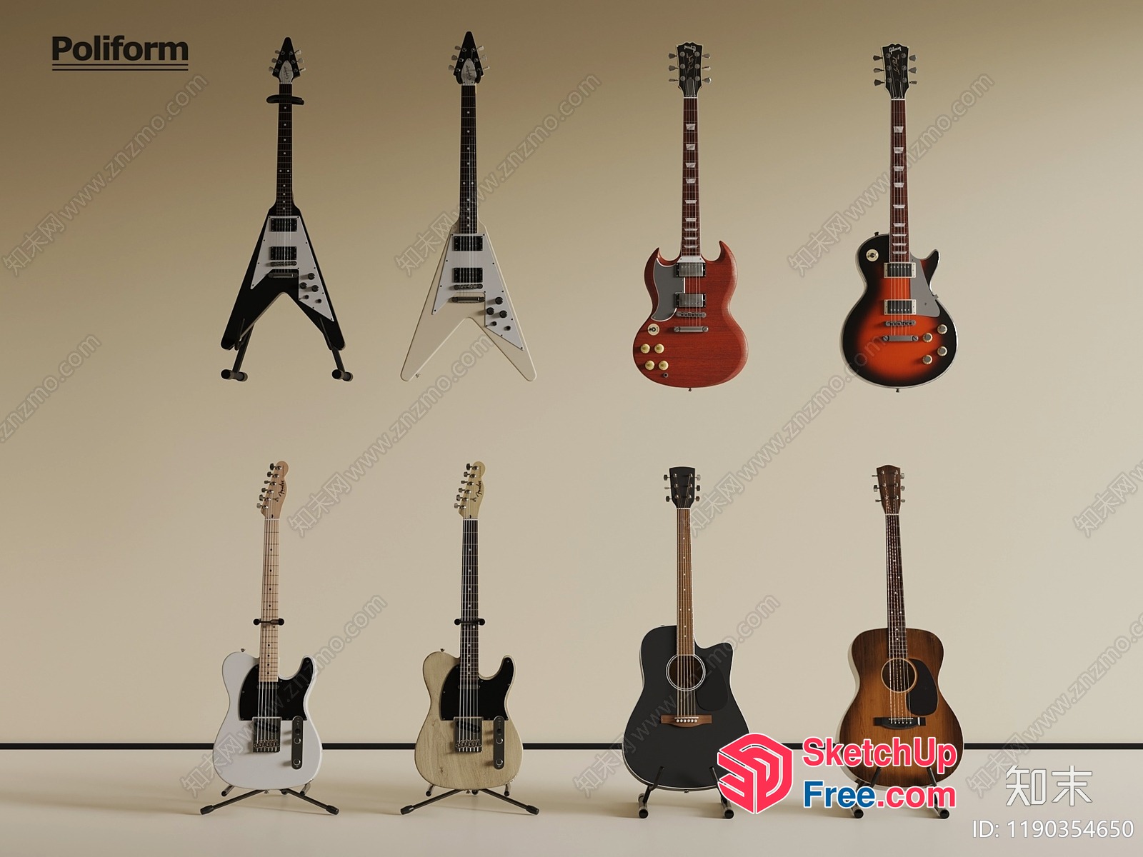 Eight Guitars Of Different Shapes And Sizes 3D SketchUp File