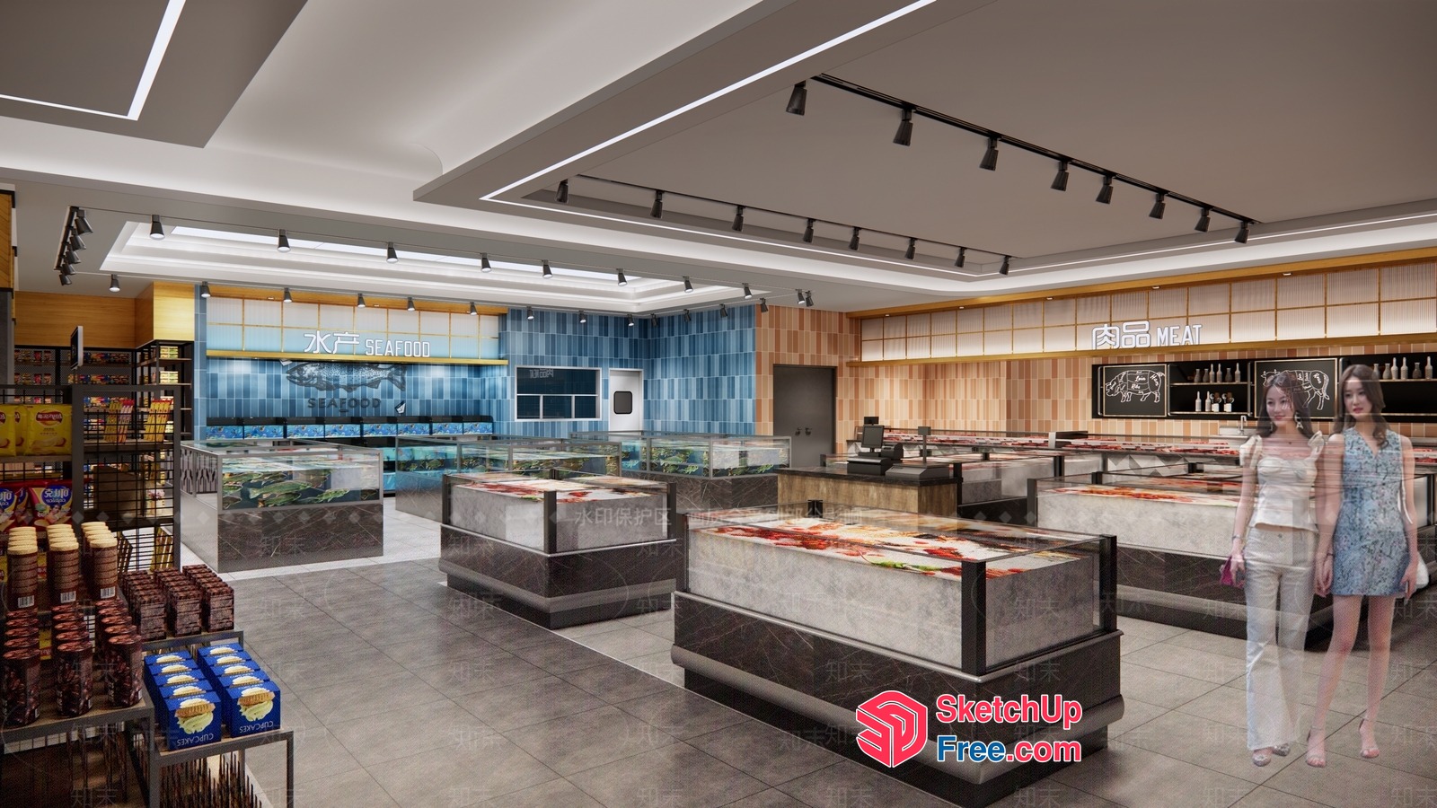 Modern Commercial Space With Seafood And Meat Counter 3D SketchUp File