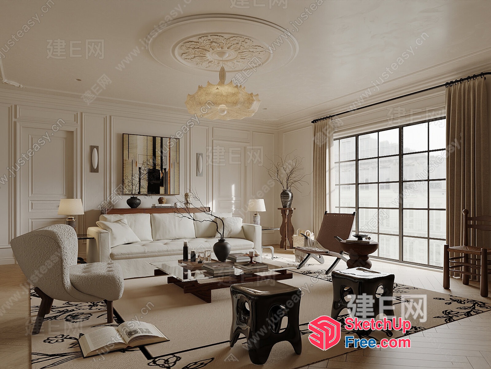 Elegant Creamy Style Living Room With Classic Moulding 3D SketchUp File