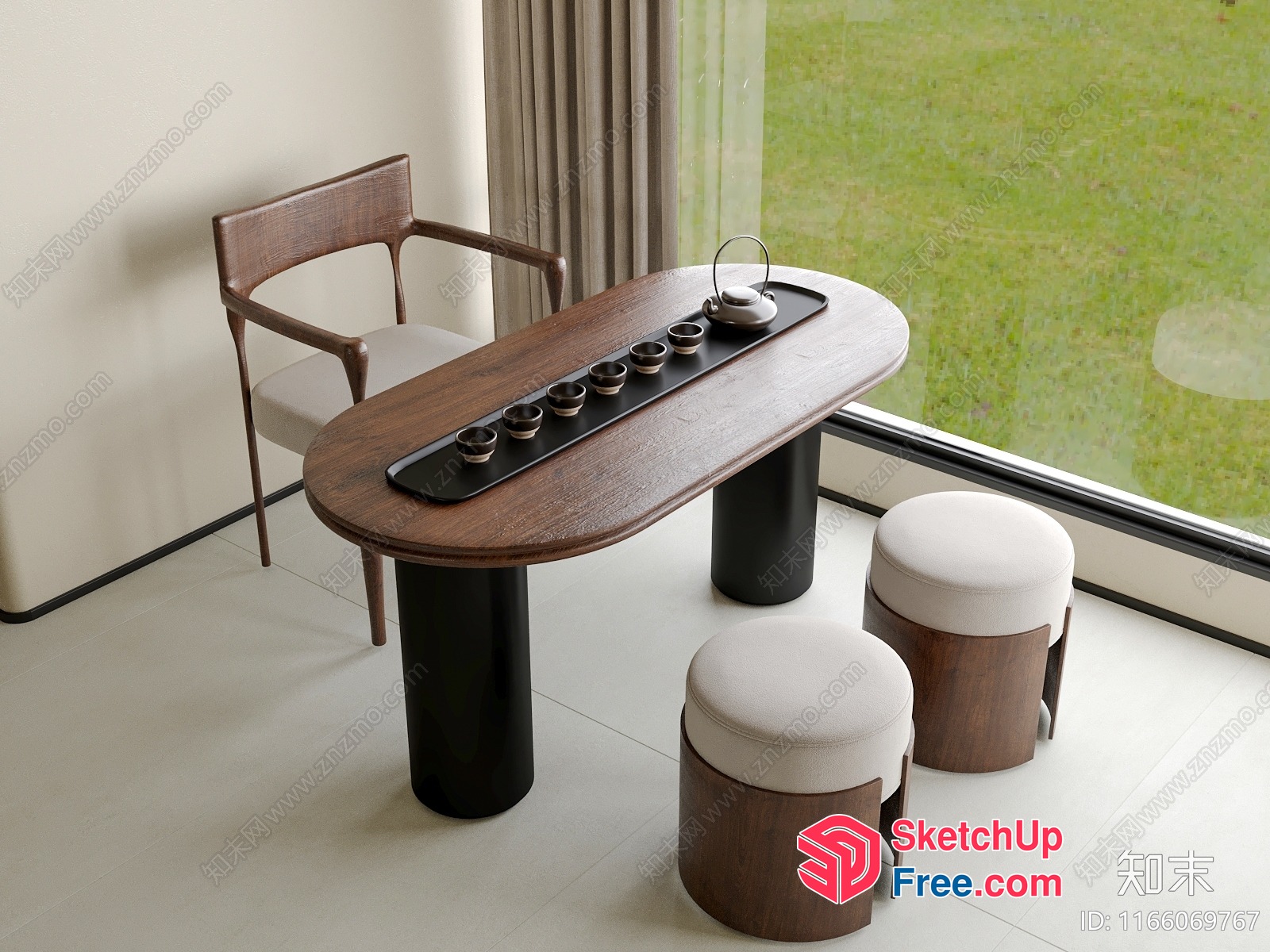 Minimalist Japanese-Style Tea Table With Stools 3D SketchUp File