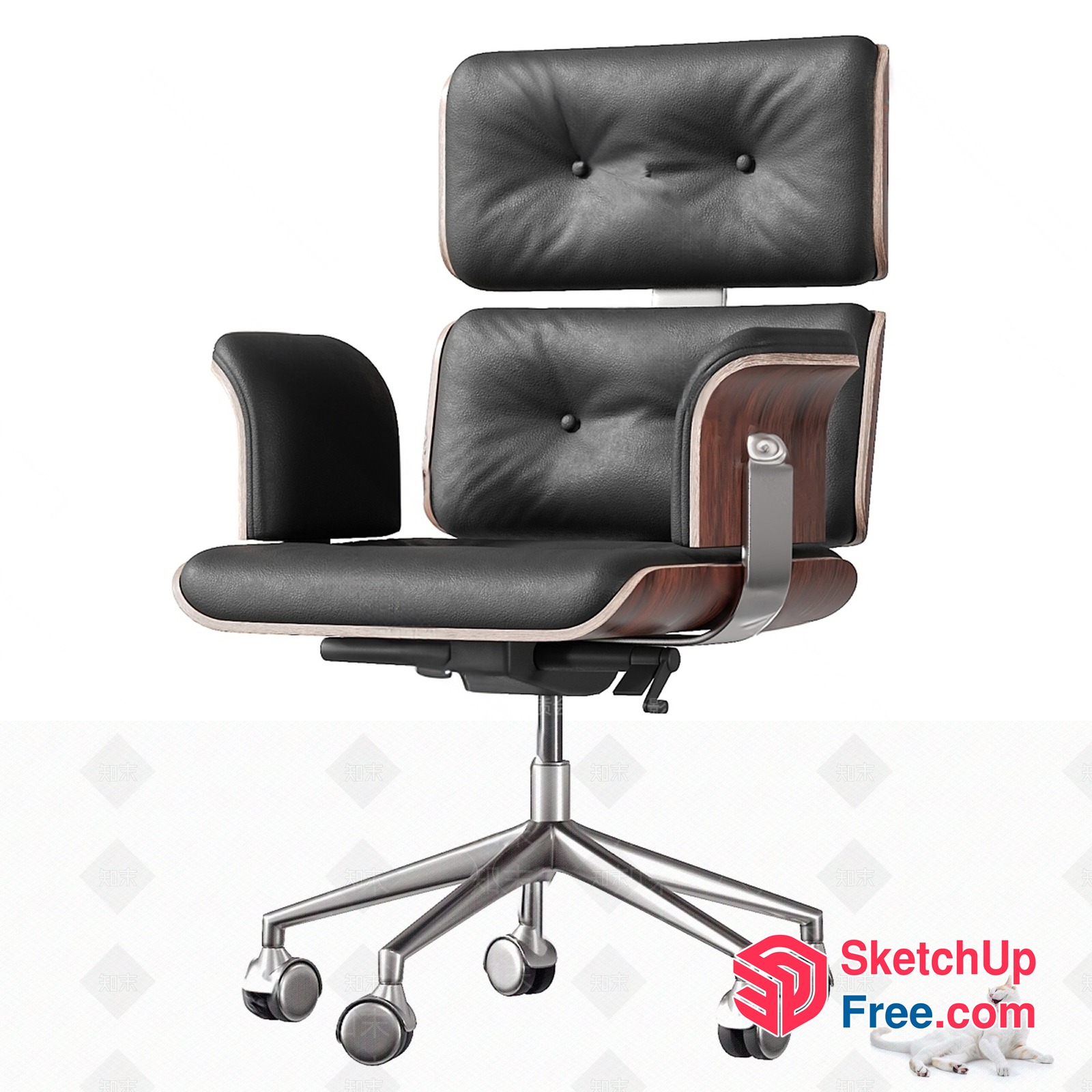 Black Leather And Wood Office Chair With Adjustable Headrest 3D SketchUp File