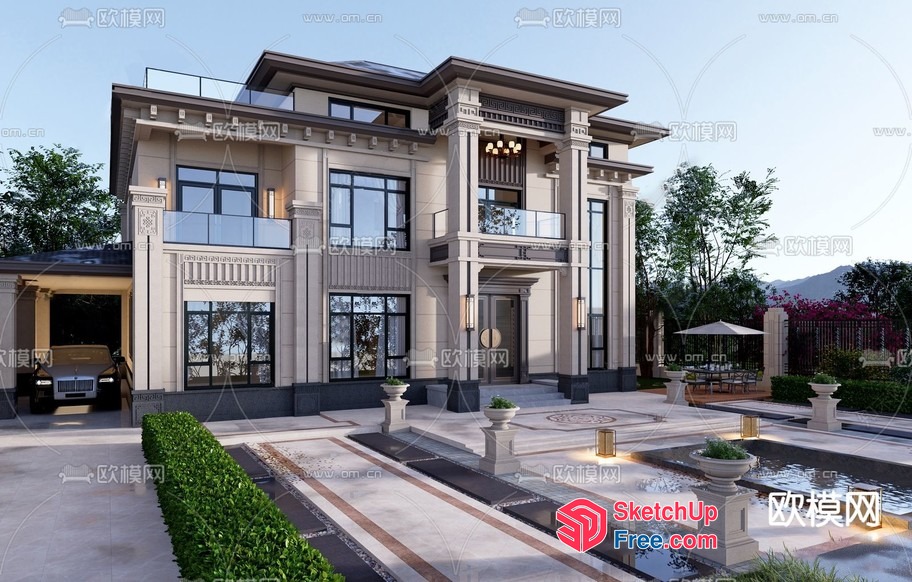 Luxurious Mansion With Elegant Balconies 3D SketchUp File