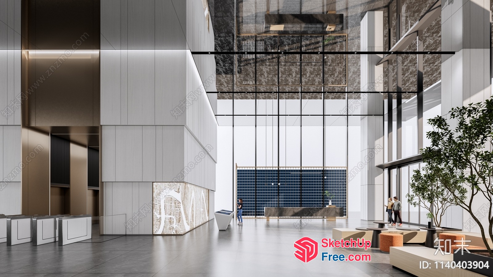 Modern Office Lobby With Glass Curtain Wall And High Ceiling 3D SketchUp File