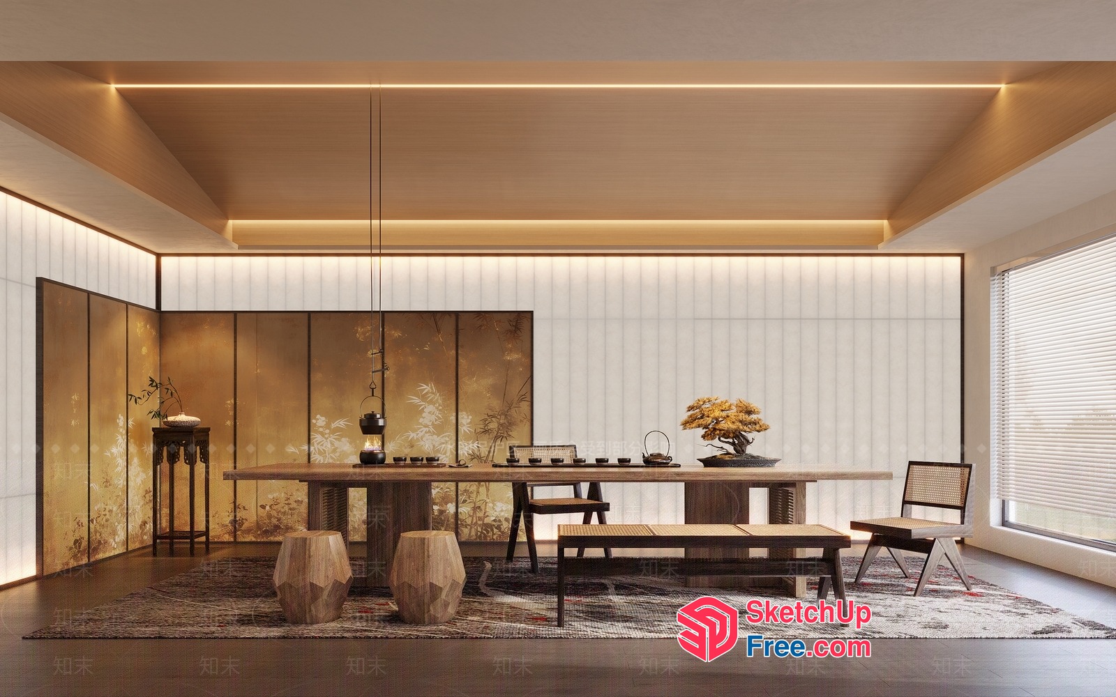 Traditional Japanese-Style Dining Room With Tea Set 3D SketchUp File