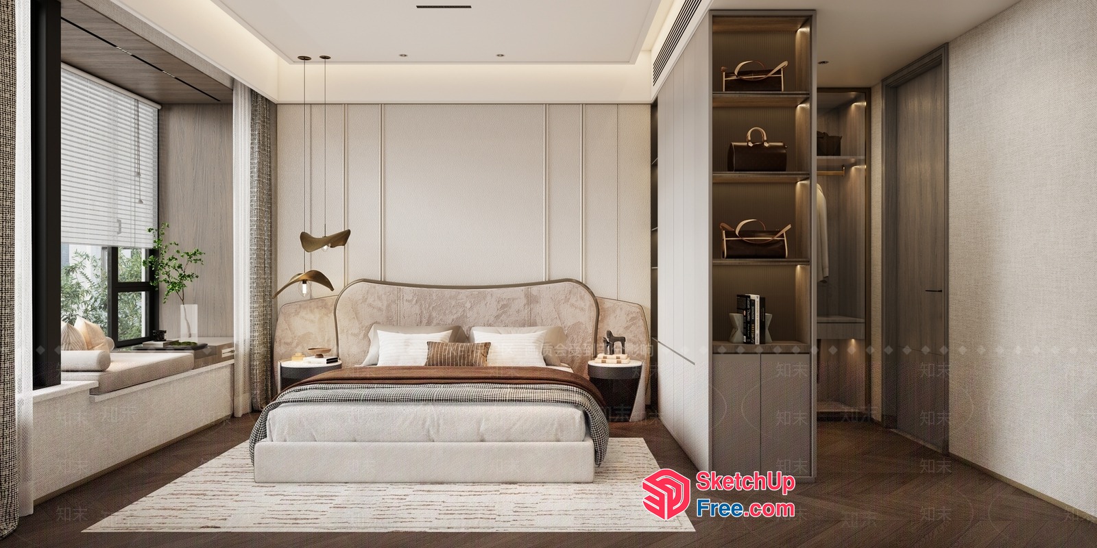 Modern Bedroom With Creamy Style Bed And Built-In Shelves 3D SketchUp File