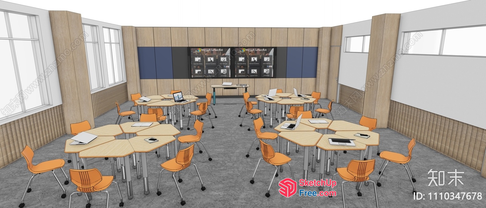 Modern Office Classroom With Light Wood And Orange Chairs 3D SketchUp File