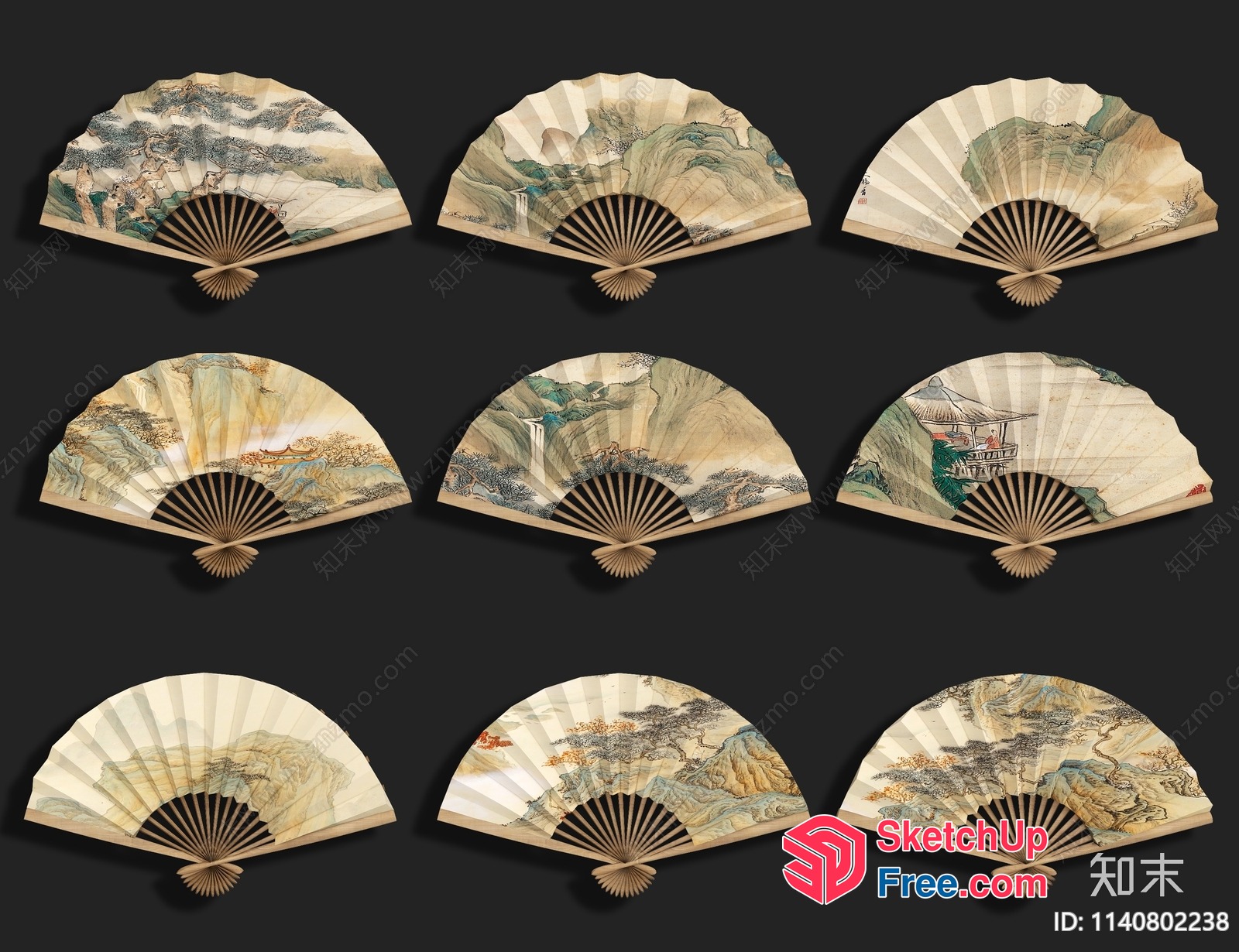 Traditional Chinese Landscape Paintings On Fan 3D SketchUp File