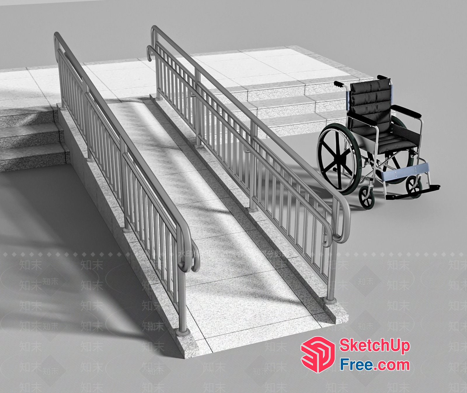 Stairway With Railing And Wheelchair Ramp 3D SketchUp File