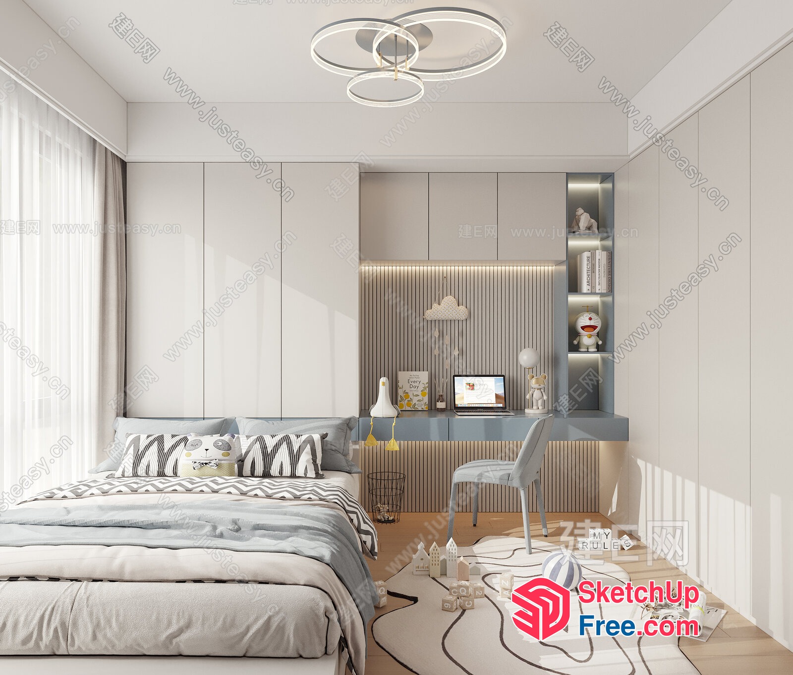 Modern Minimalist Bedroom With White And Grey Accents 3D SketchUp File