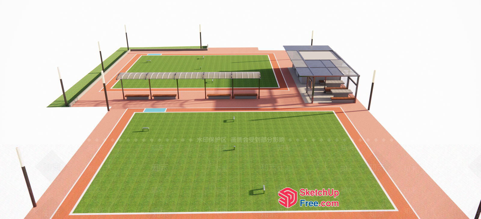 Modern Sports Facility With Green Turf And Benches 3D SketchUp File